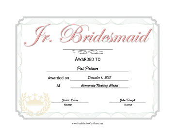 Wedding Junior Bridesmaid certificate