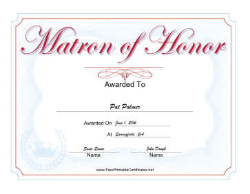 Wedding Matron of Honor certificate