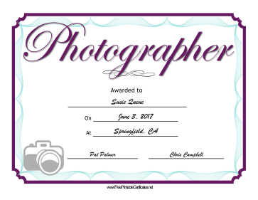 Wedding Photographer certificate