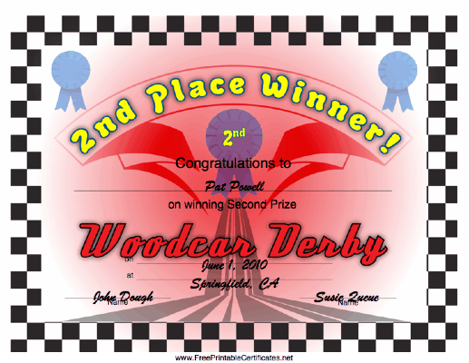 Woodcar Derby 2nd Place certificate