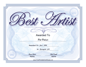 Yearbook Award Best Artist certificate