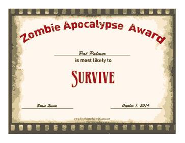 Zombie Award Survive certificate