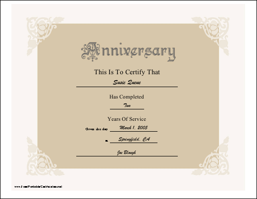 Anniversary certificate