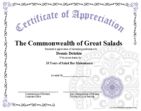 Appreciation certificate