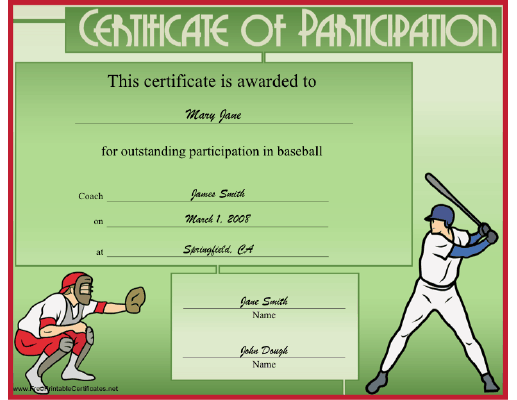 Baseball Participation certificate