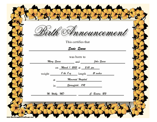 Birth Announcement certificate