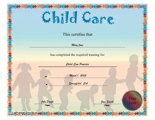 Child Care Certificate Printable Certificate
