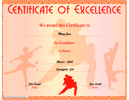 Dance Excellence certificate