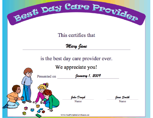 Best Day Care Provider Printable Certificate