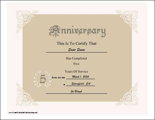 5th Anniversary certificate