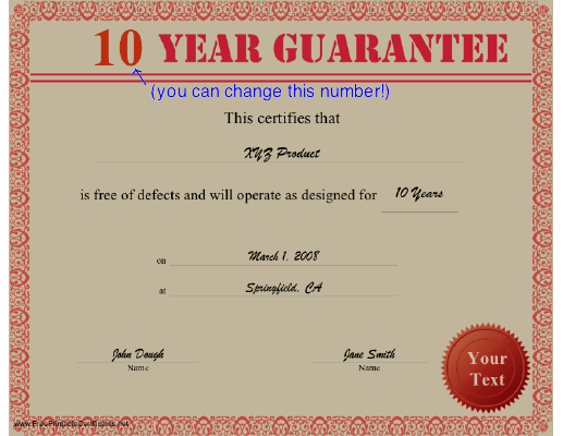 10 Year Guarantee certificate