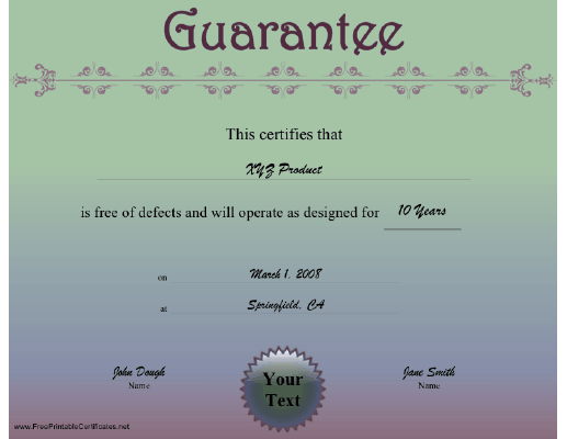 Guarantee certificate