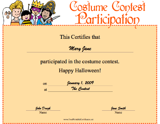 Halloween Costume Contest Participant certificate