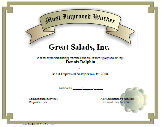 Most Improved Worker certificate