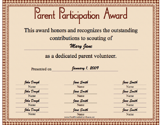 Parent Participation certificate