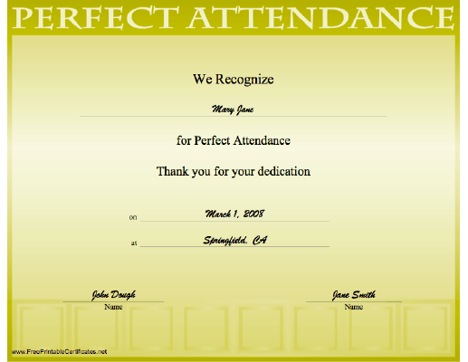 Perfect Attendance certificate