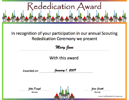 Rededication Award Printable Certificate