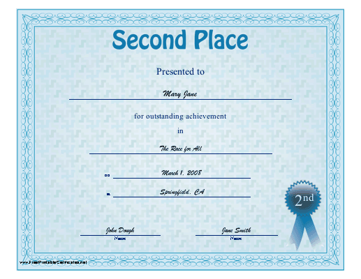 Second Place certificate