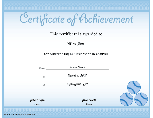 Softball Achievement certificate