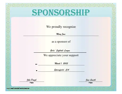 certificate of appreciation for sponsorship template