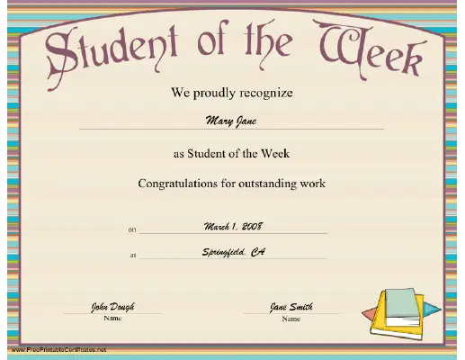 Student of the Week Certificate Printable Certificate