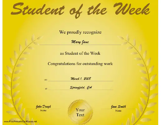 Student of the Week Certificate Printable Certificate
