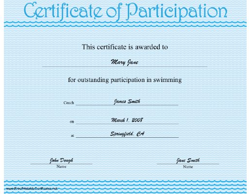 Swimming Participation certificate