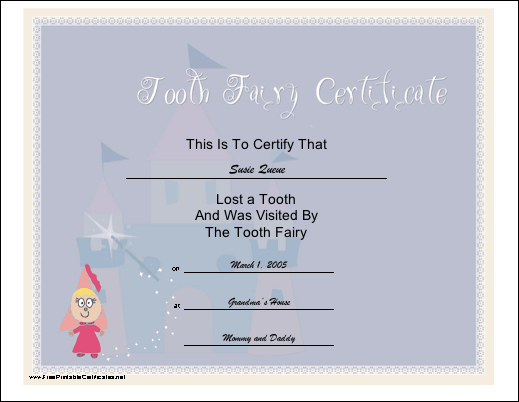 Tooth Fairy Visit certificate